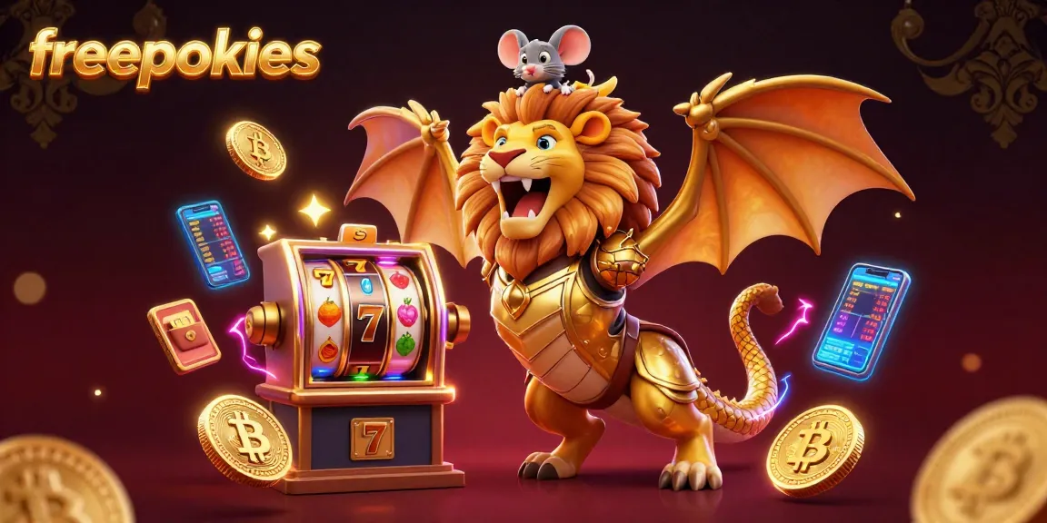 Experience immersive freepokies fun with a vibrant casino scene featuring a winning chimera and glowing coins.