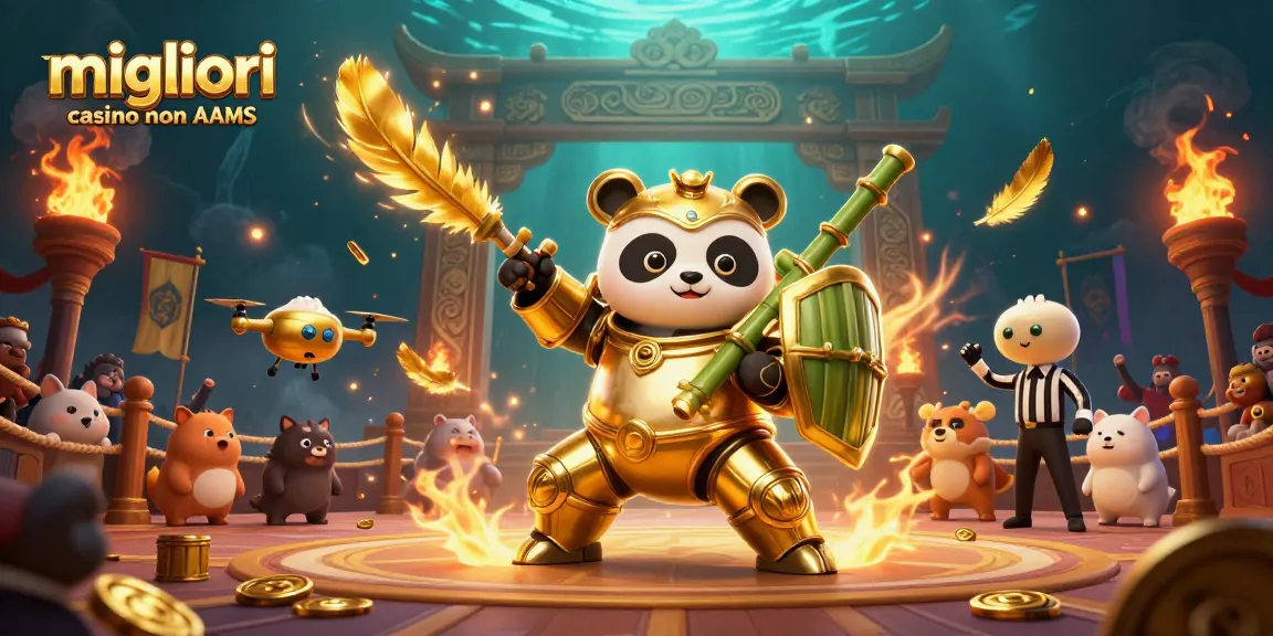 Scopri i migliori casino non AAMS con un'illustrazione dinamica di un panda dorato in un combattimento avvincente.