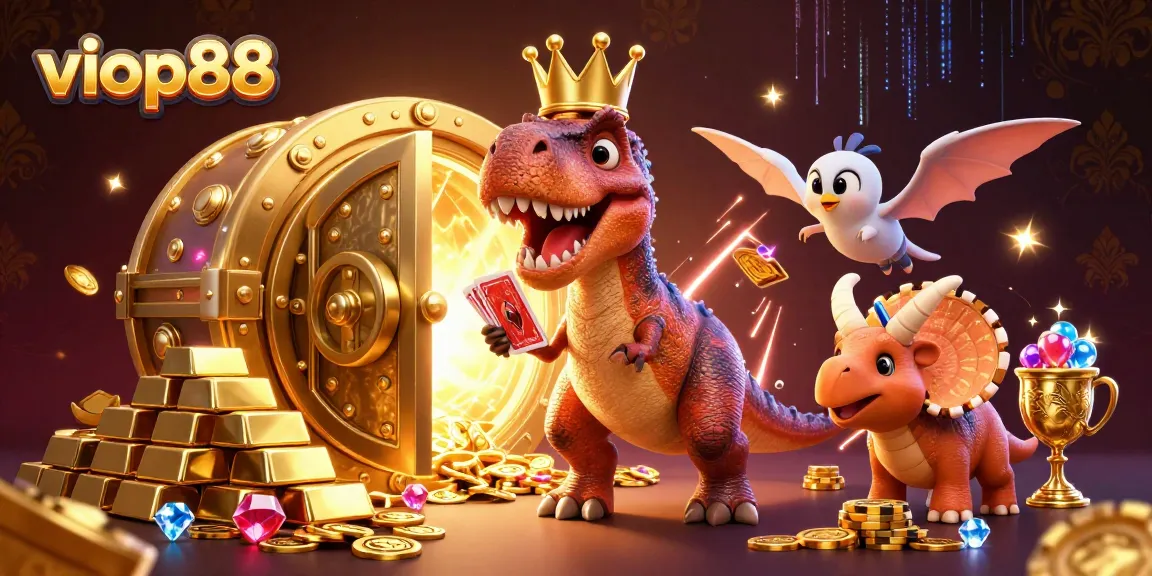 Experience the excitement of viop88 as a T-Rex shuffles cards while a triceratops stacks chips in a vibrant casino scene.