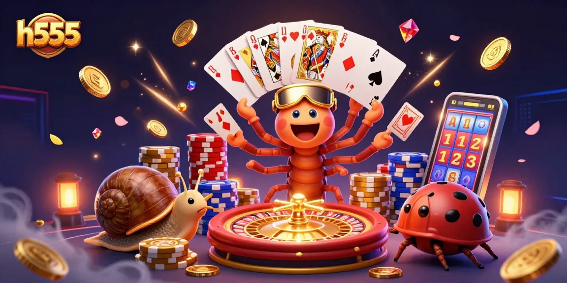 Experience the thrill with h555's lively casino scene featuring games, excitement, and action-packed characters.