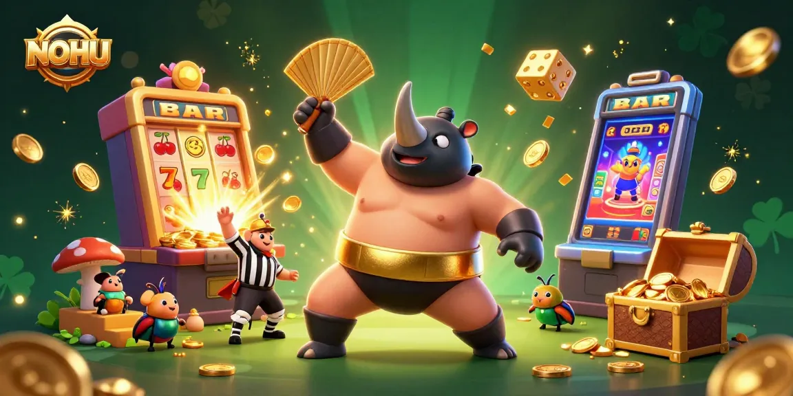 Experience excitement at NOHU with a 3D illustration showcasing a sumo champion beetle amidst vibrant casino elements.