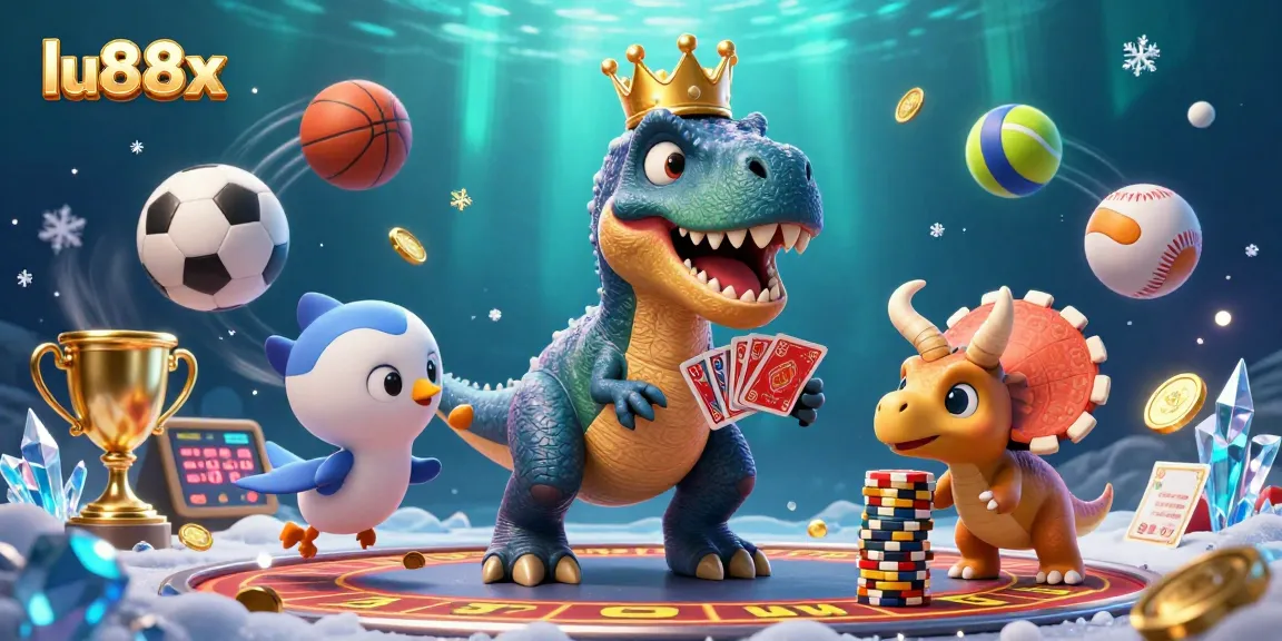 Experience thrilling gameplay with lu88x featuring a T-Rex casino scene with dynamic sports betting elements.