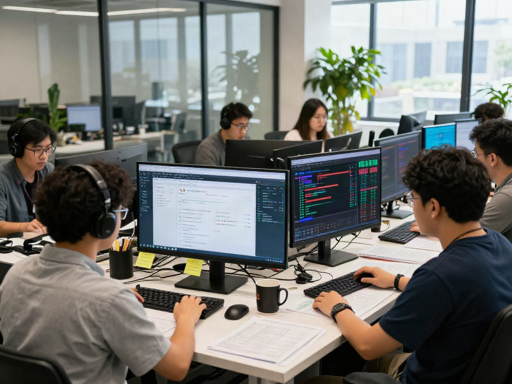 Analysts conducting 먹튀검증 in a modern office to ensure safe online gambling.