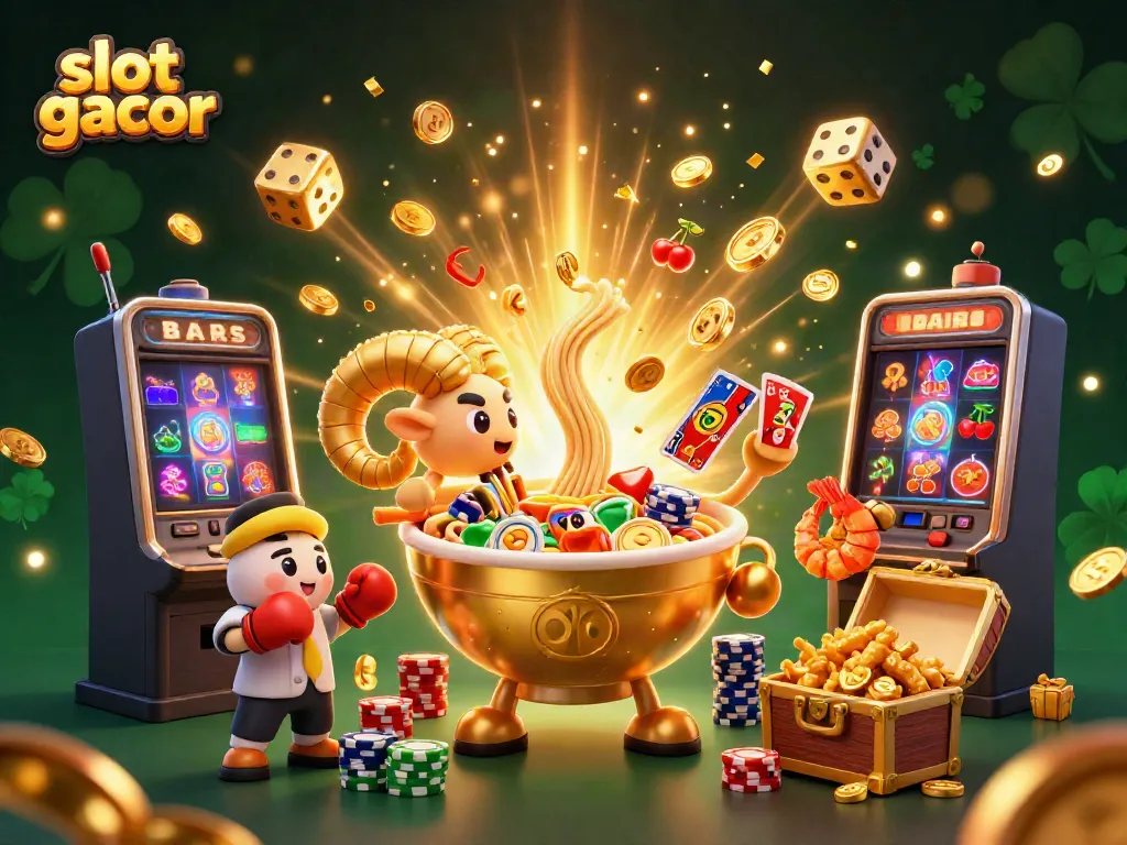Experience the excitement of slot gacor with dynamic characters and vibrant casino elements in this 3D illustration.