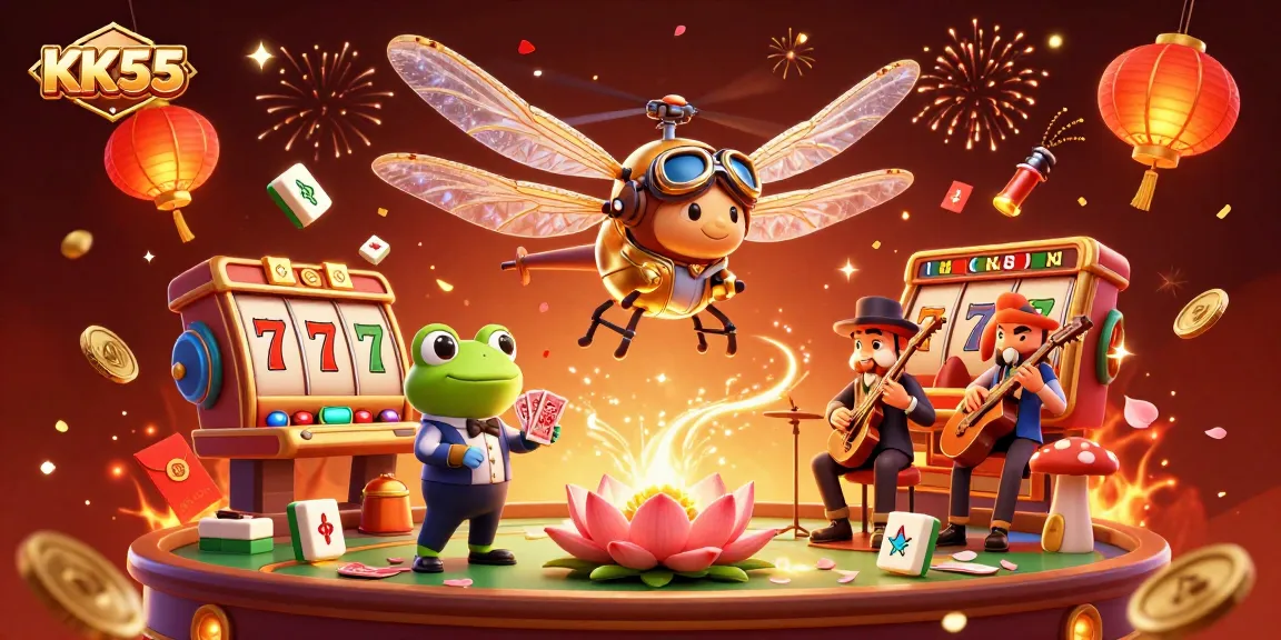 Experience excitement at KK55 with a 3D dragonfly pilot, frog croupier, and vibrant slot games.