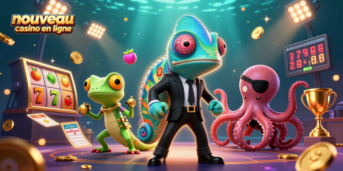 Illustration dynamique d'un nouveau casino en ligne avec un caméléon, un gecko et une pieuvre jouant.