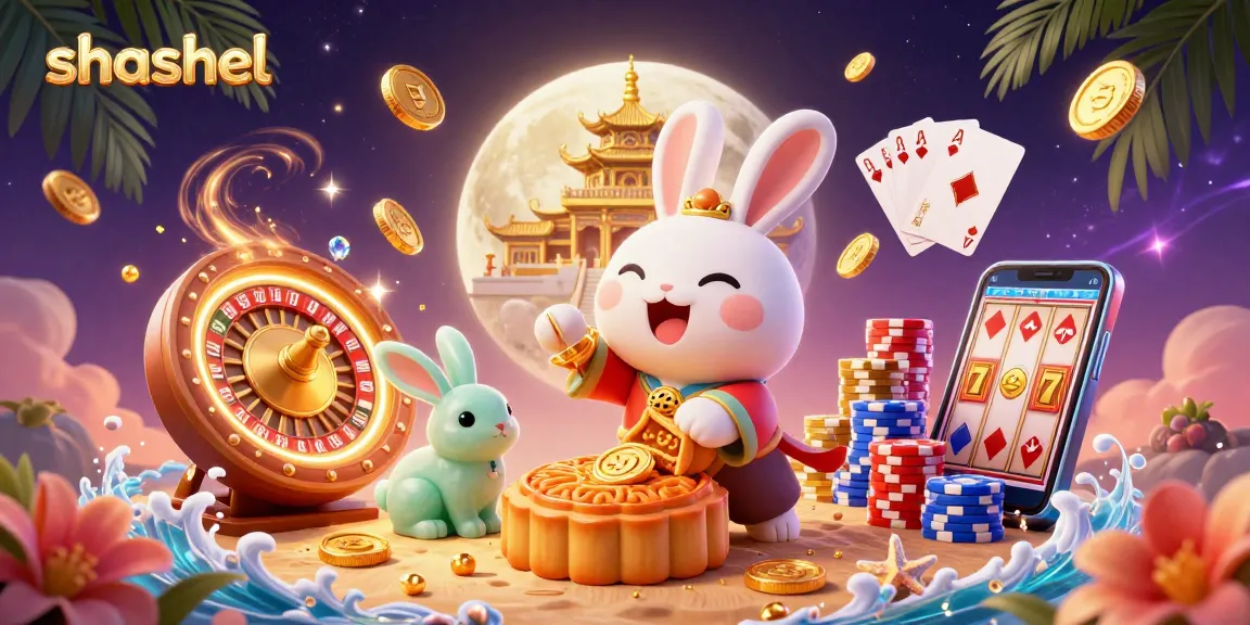 Engage with the shashel gaming experience, as the moon rabbit reveals poker chips in a vibrant casino scene.