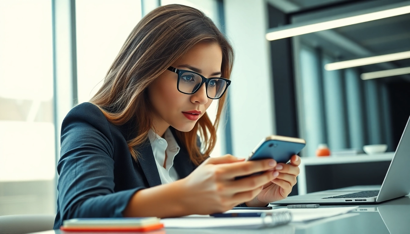 Sell my used phone: A woman evaluates a smartphone in a modern office environment.