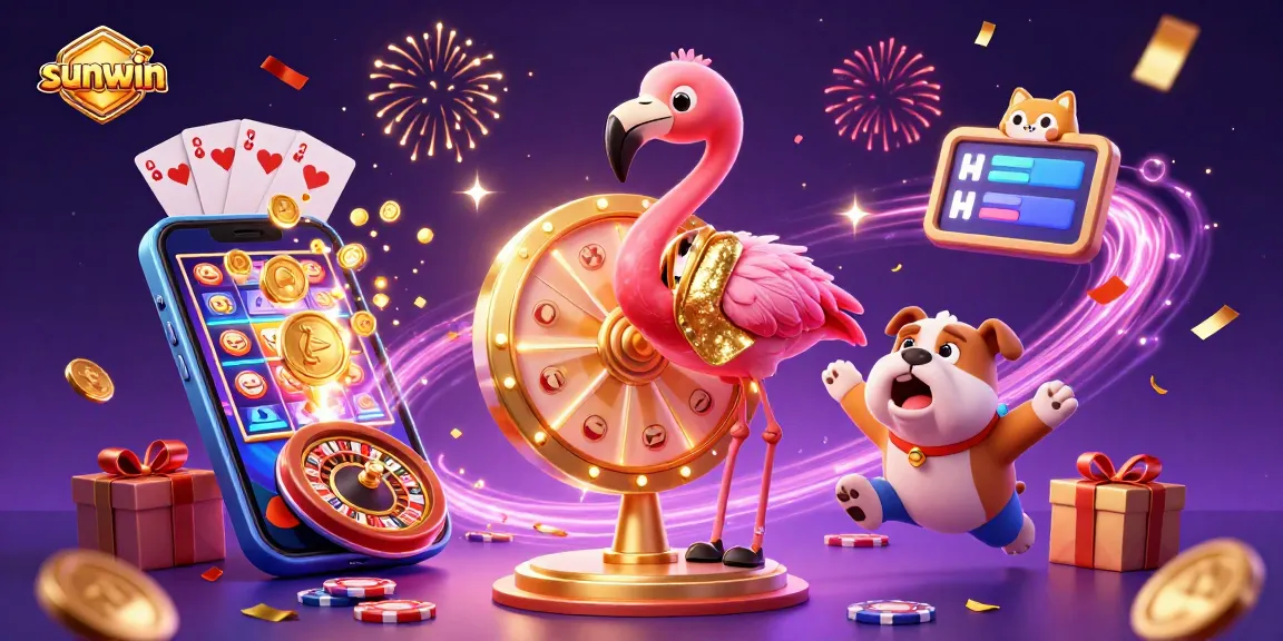 Experience thrilling wins at sunwin with a vibrant casino scene featuring interactive games and lively characters.