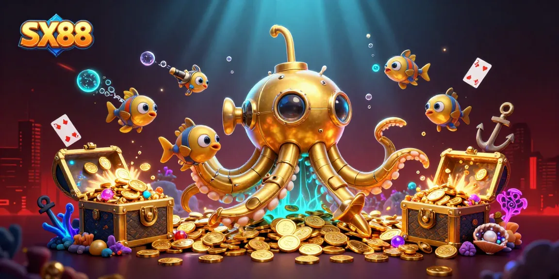 SX88 brings excitement as golden kraken submarine and mechanical fish explore a treasure-filled underwater landscape.
