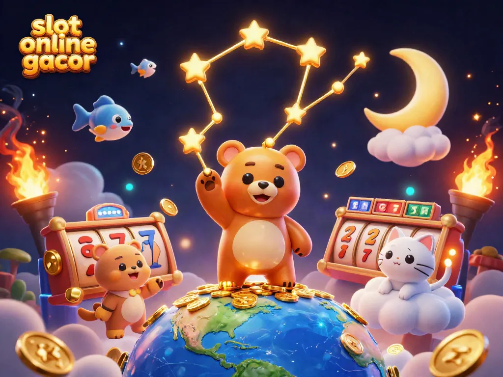 Experience thrilling gameplay with slot online gacor as a constellation bear collects coins amidst spinning slot reels and lucky symbols.