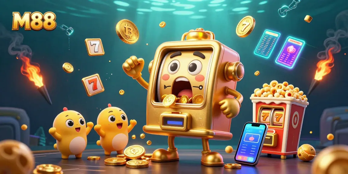 M88's dynamic jackpot scene featuring a golden slot machine celebrating a win, surrounded by slot elements and cryptos.