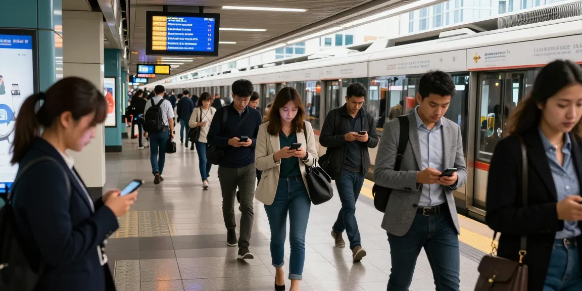 Live train tracker update at an urban subway station with commuters checking real-time arrival data.