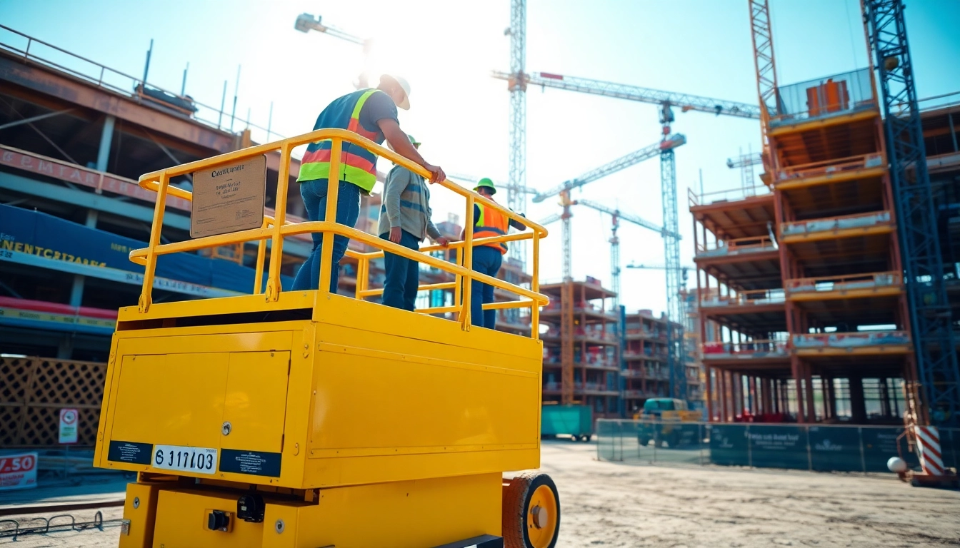 Manlift in use at a construction site, showcasing safe worker access to high areas.