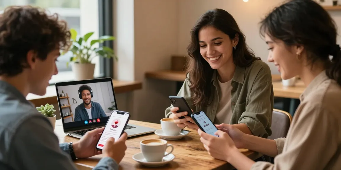 Singles using HundRoses app in a cozy café for meaningful online dating.