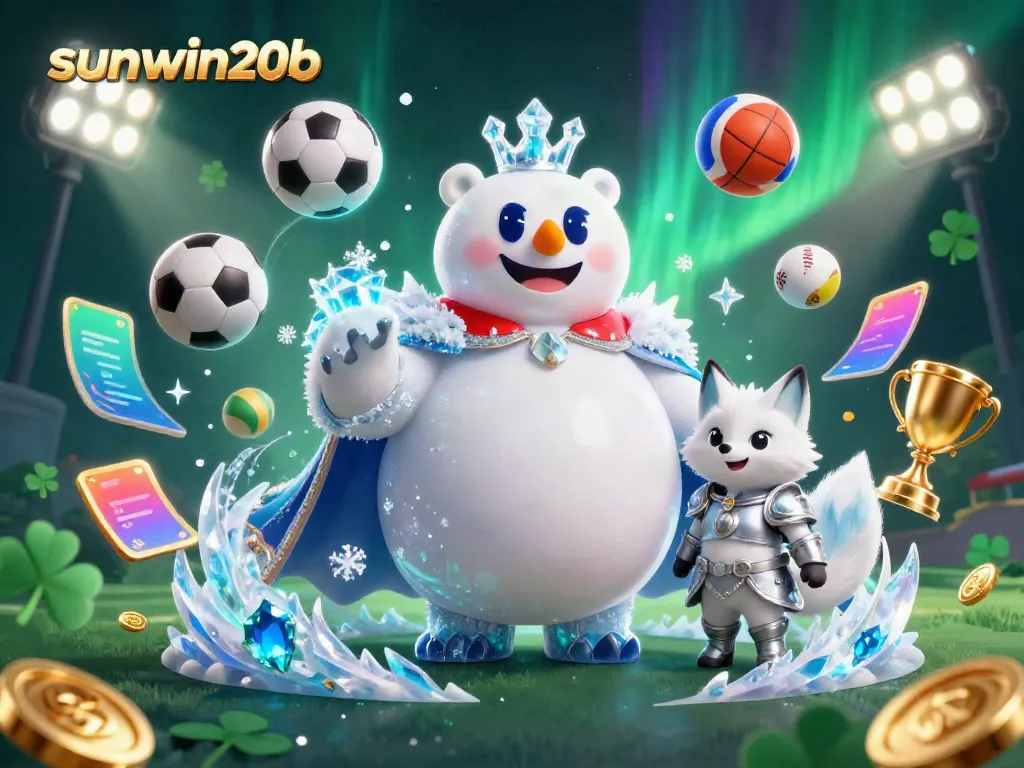 Experience thrilling casino adventures with sunwin20b in this vibrant 3D illustration, featuring an ice king and dynamic sports elements.