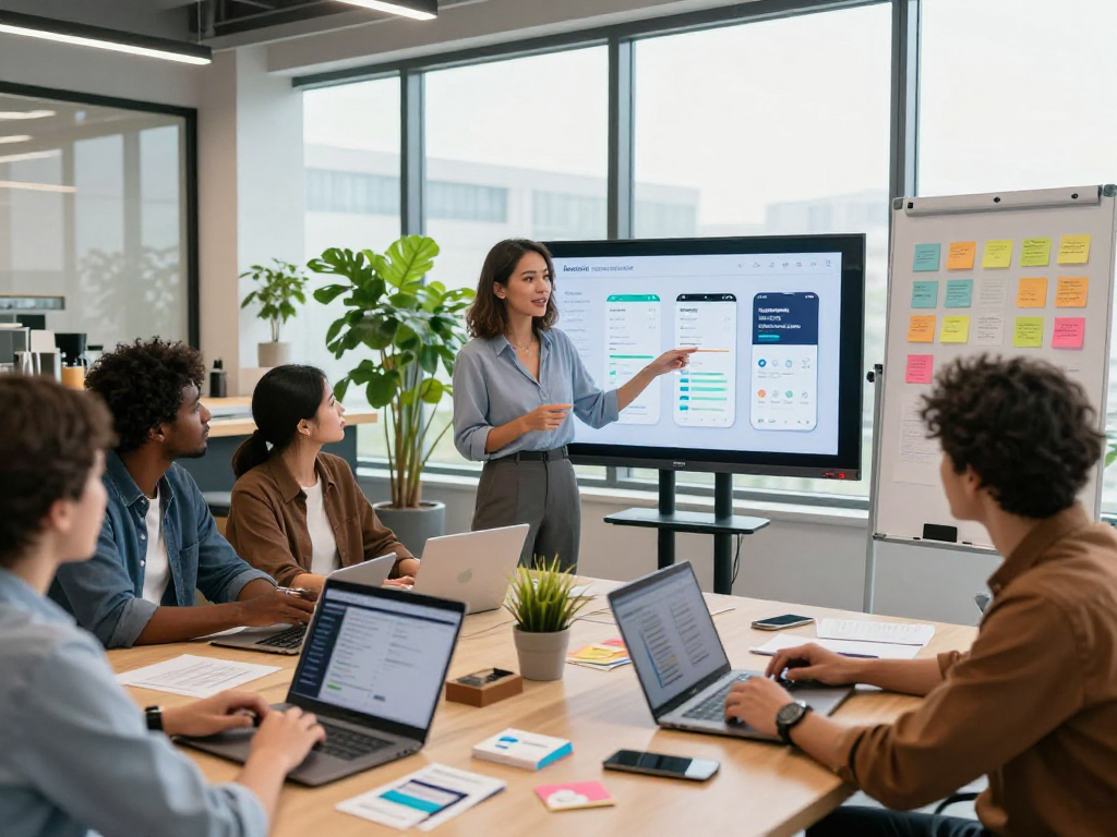 Purchase app installs while collaborative team analyzes app metrics in a vibrant office.