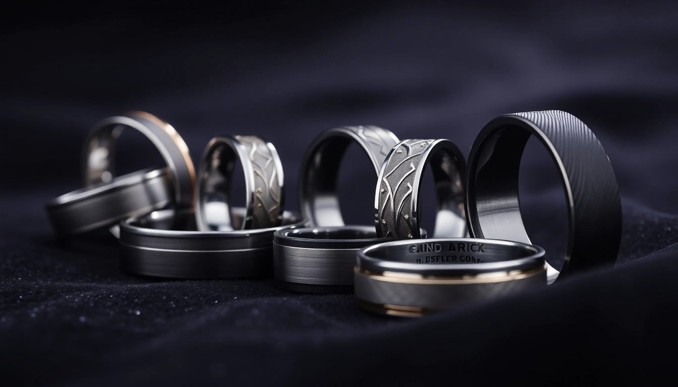 Showcase striking Gunmetal Wedding Bands for Men highlighting unique designs and textures.