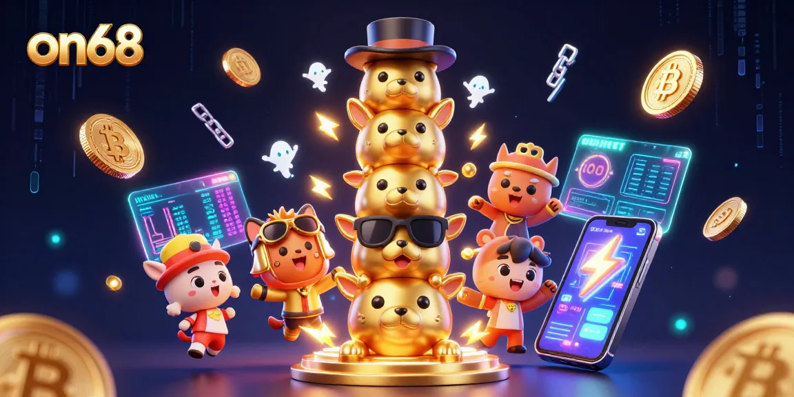 Engage with exciting games at on68, featuring colorful animated casino elements and cryptocurrencies.