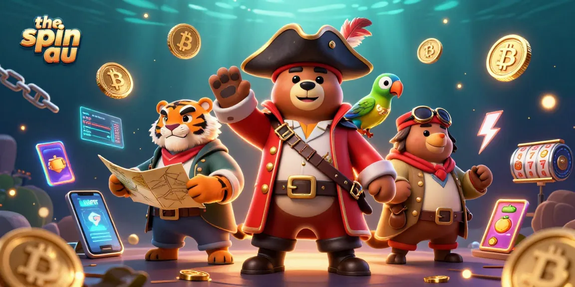 The spin au 3D casino scene with cartoon bear, tiger, and parrot, surrounded by vibrant slot machines.