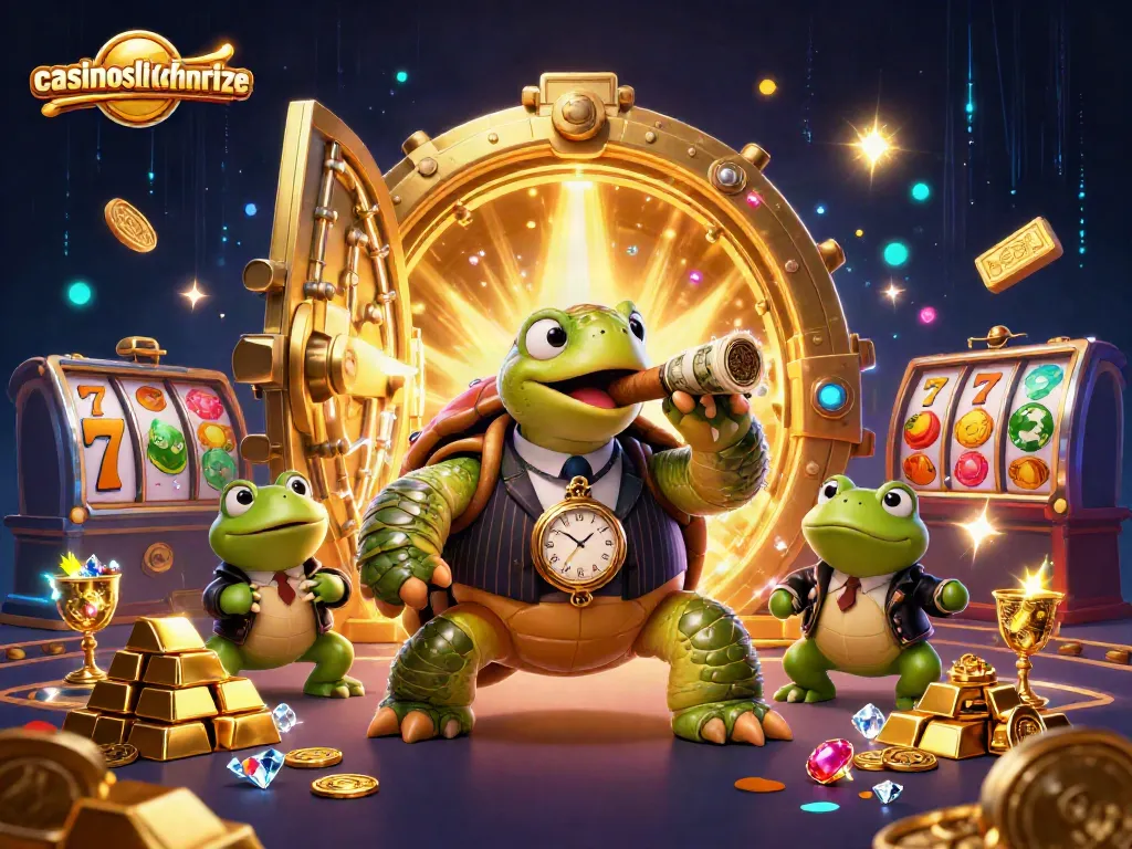 Experience fun gaming adventures at casinoslikefunrize with a vibrant mobster turtle amidst treasures and slot reels.