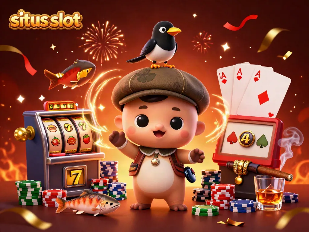 Gambar yang menunjukkan situs slot dengan simbol keberuntungan dan karakter lucu di sekitar mesin slot.