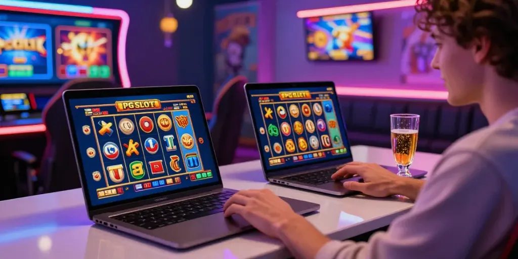 A player enjoying a PG SLOT game in a vibrant online casino setup, showcasing engaging graphics and a stylish atmosphere.