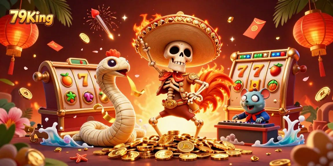 Engage with the vibrant 79King online casino scene featuring a 3D skeleton mariachi rooster celebrating amidst golden coins.
