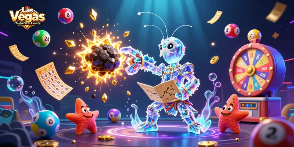 Experience Las Vegas Corporate Events with a vibrant, dynamic 3D gambling-themed illustration.