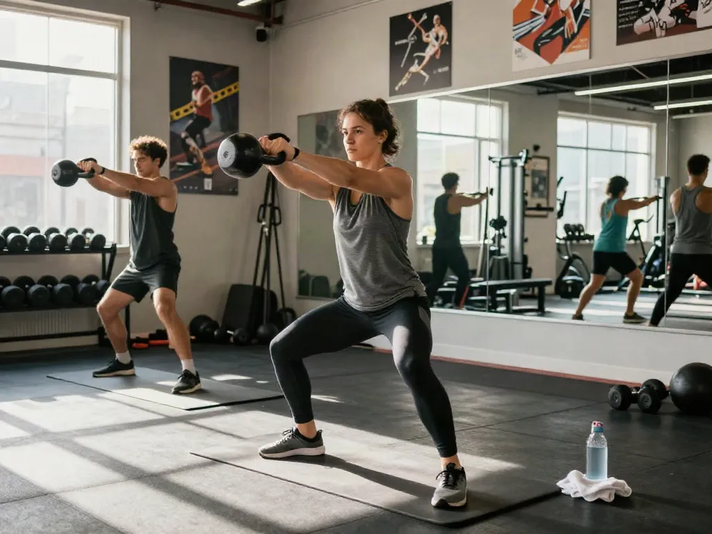 MOTS-c peptide workout moment in urban gym showing fitness enthusiast performing kettlebell swings.