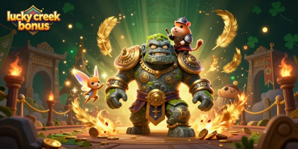 Bet on the lucky creek bonus as a golem guardian and fairy create magic in a vibrant casino scene.