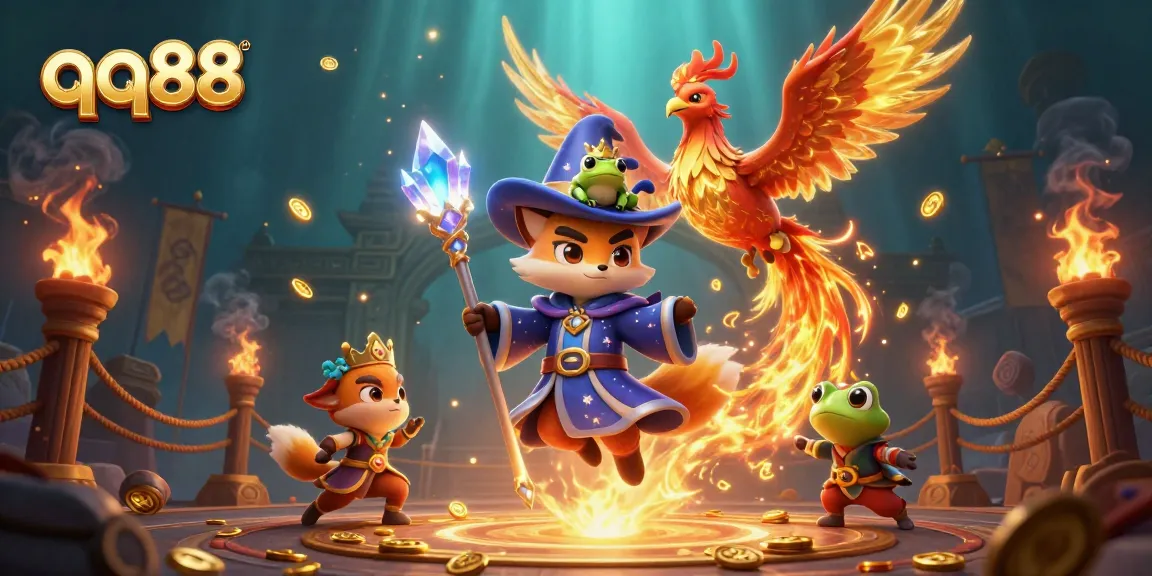 Engage in exciting gameplay at qq88 with a mystical fox wizard, phoenix, and dynamic casino elements.