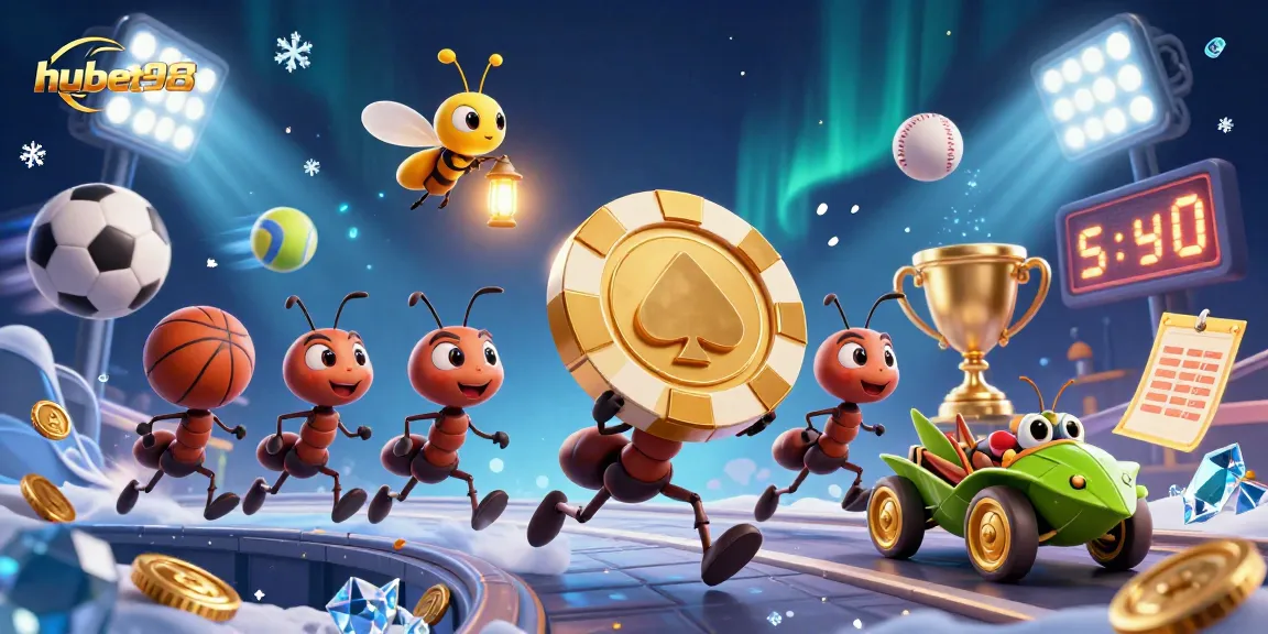 Join the thrilling action at hubet98 as playful ants embark on a heist in this vibrant online casino illustration.