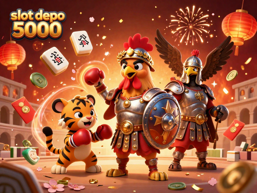 Engage in the excitement with "slot depo 5000" as a gladiator rooster leads a vibrant 3D casino scene filled with festive elements.