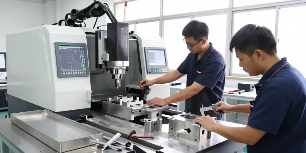 Skilled technicians at CNC stainless steel parts suppliers work on precision components in a bright industrial workshop.