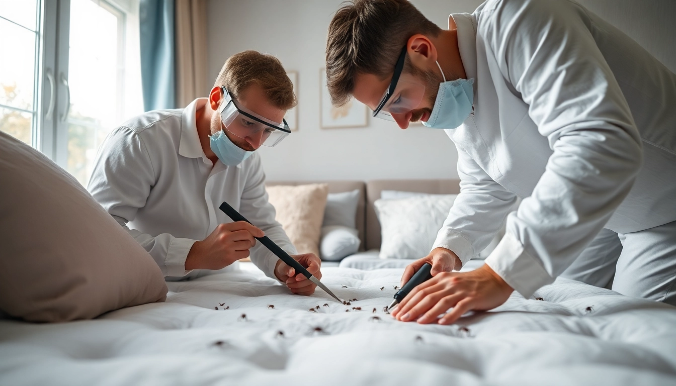 Bed bug exterminators actively inspecting a bedroom to identify and eliminate infestations.
