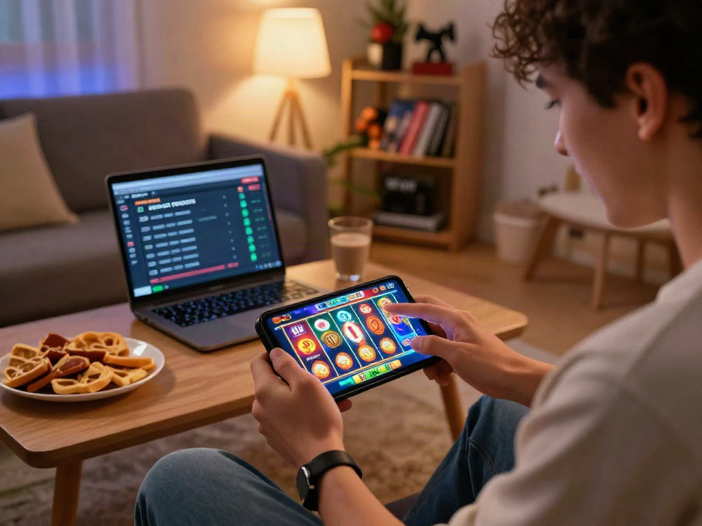 Engaging player enjoying slot deposit qris 5k game on smartphone in cozy room