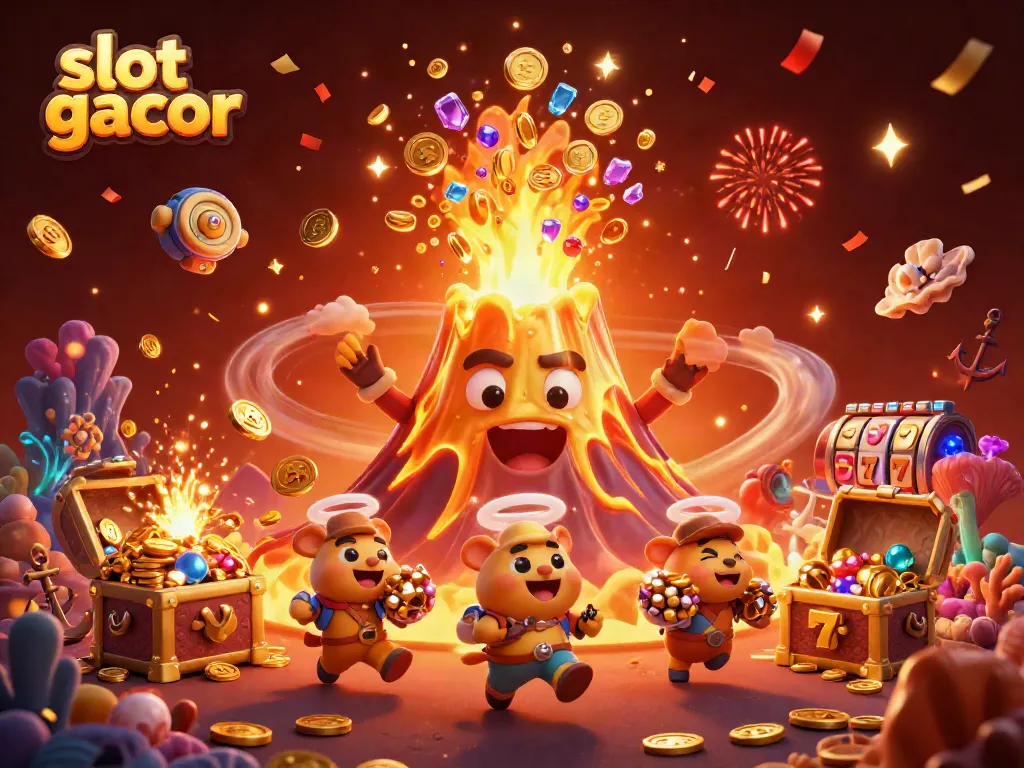 Experience thrilling slot gacor gameplay as the golden volcano erupts in coins and gems with lively characters.