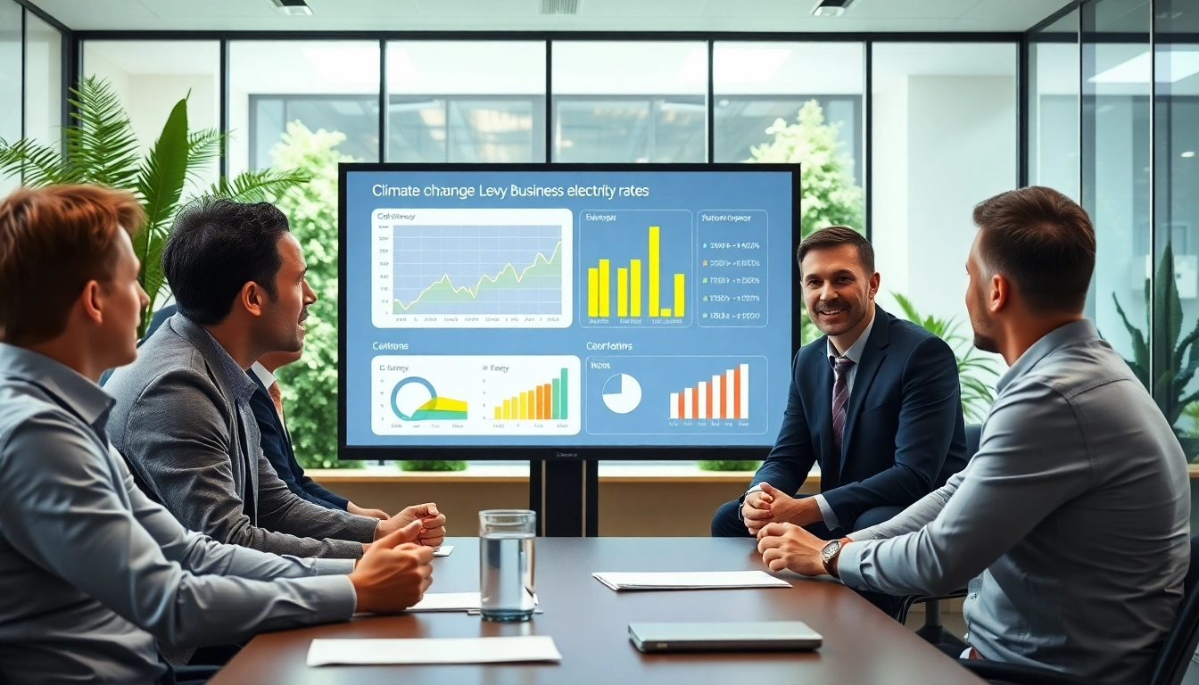 Analyze ccl climate change levy business electricity rates in a professional office setting with engaged team members.