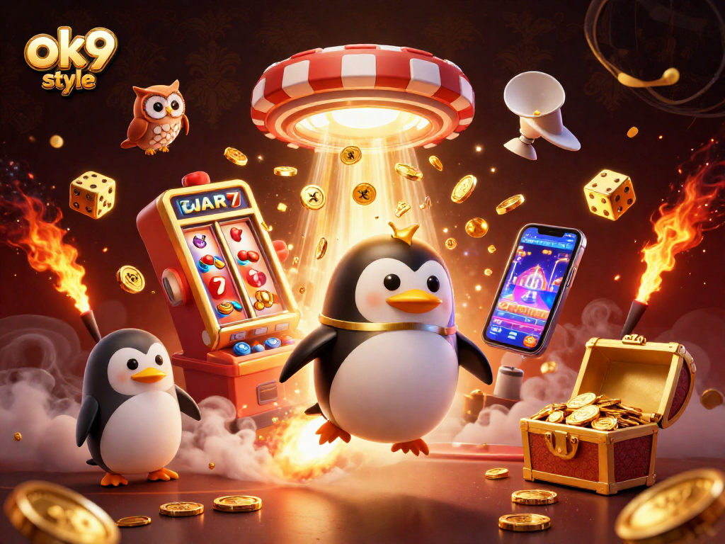 Experience the excitement of ok9 style with a golden penguin in a vibrant casino scene.