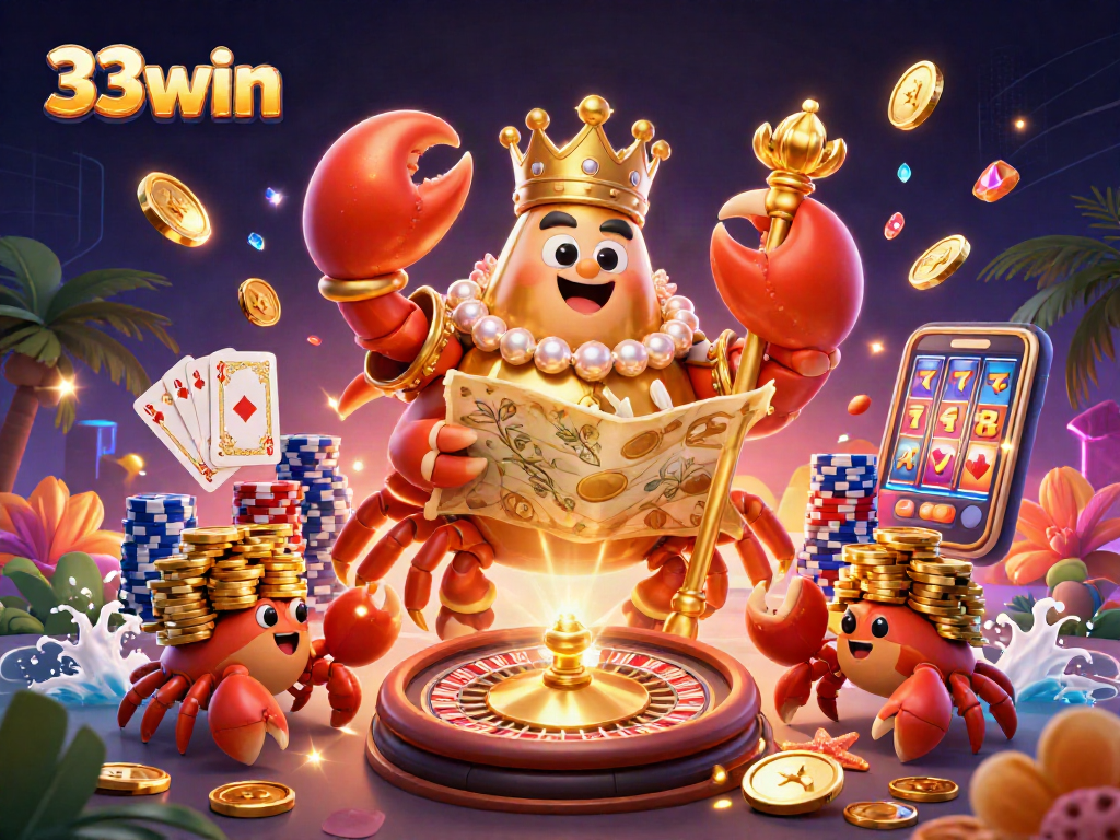 Engage with thrilling bets at 33win featuring a golden crab emperor amidst casino excitement.