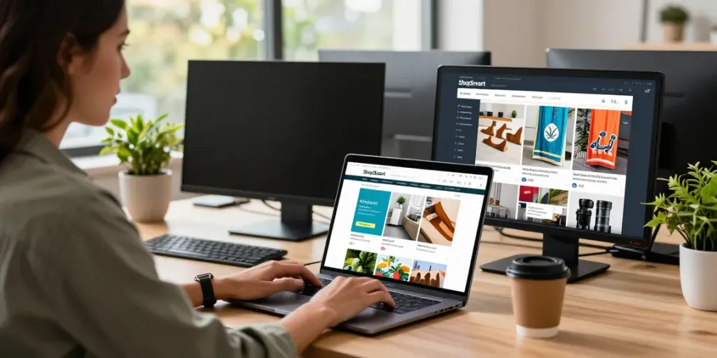 ShopSmart online shopping experience with various eco-friendly products displayed on a laptop.