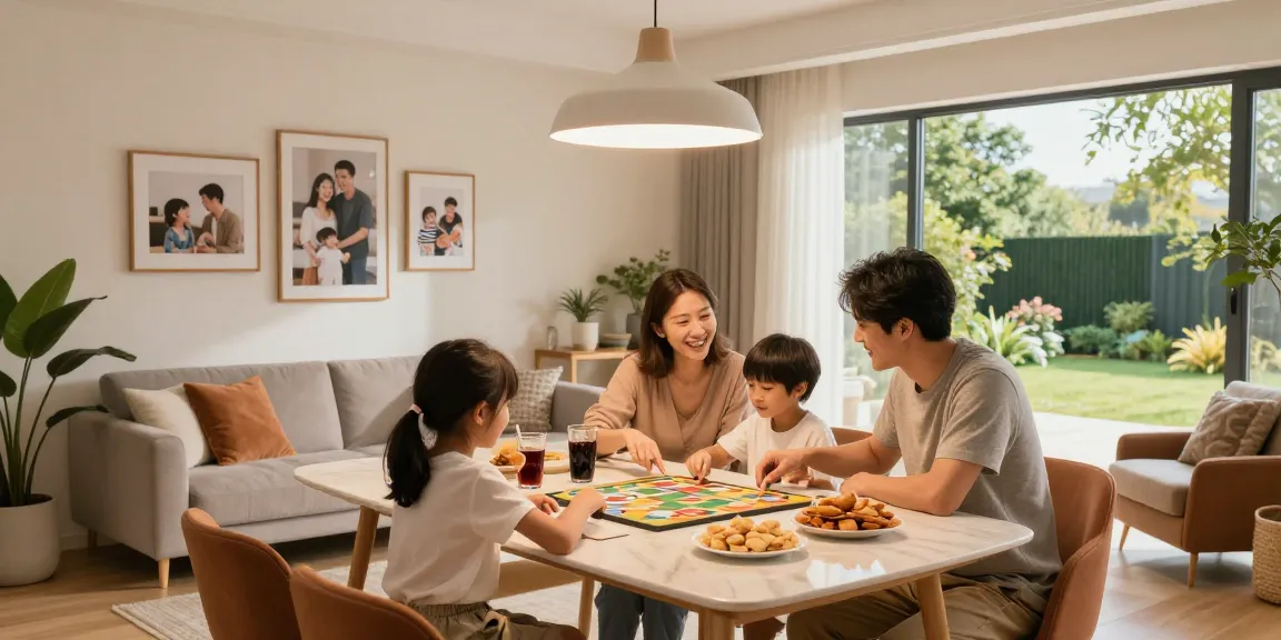 Família se divertindo em casa com Woning Unie, jogando jogos de tabuleiro e desfrutando de um ambiente acolhedor.