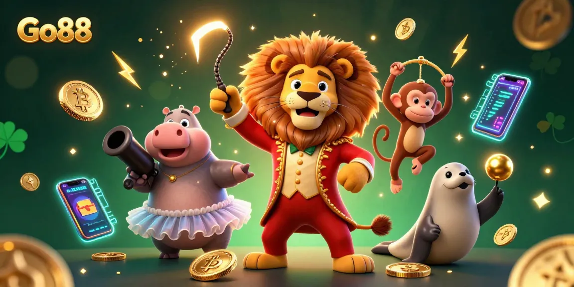 Experience Go88’s thrilling gaming adventure with circus characters amidst vibrant gambling elements.