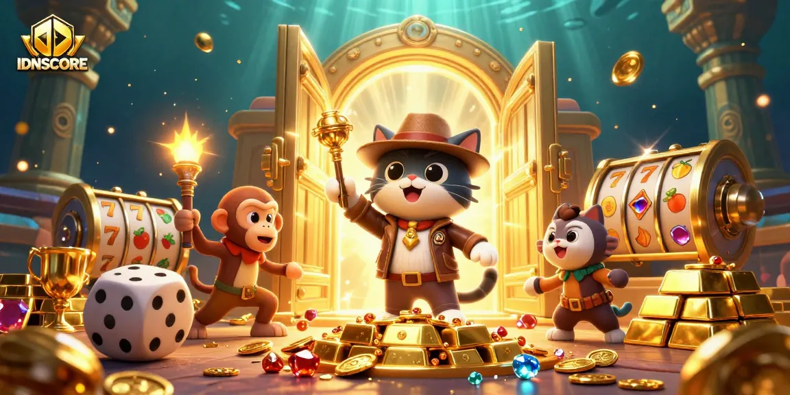 IDNSCORE showcases a vibrant 3D scene with an explorer cat and monkey in a treasure-filled casino