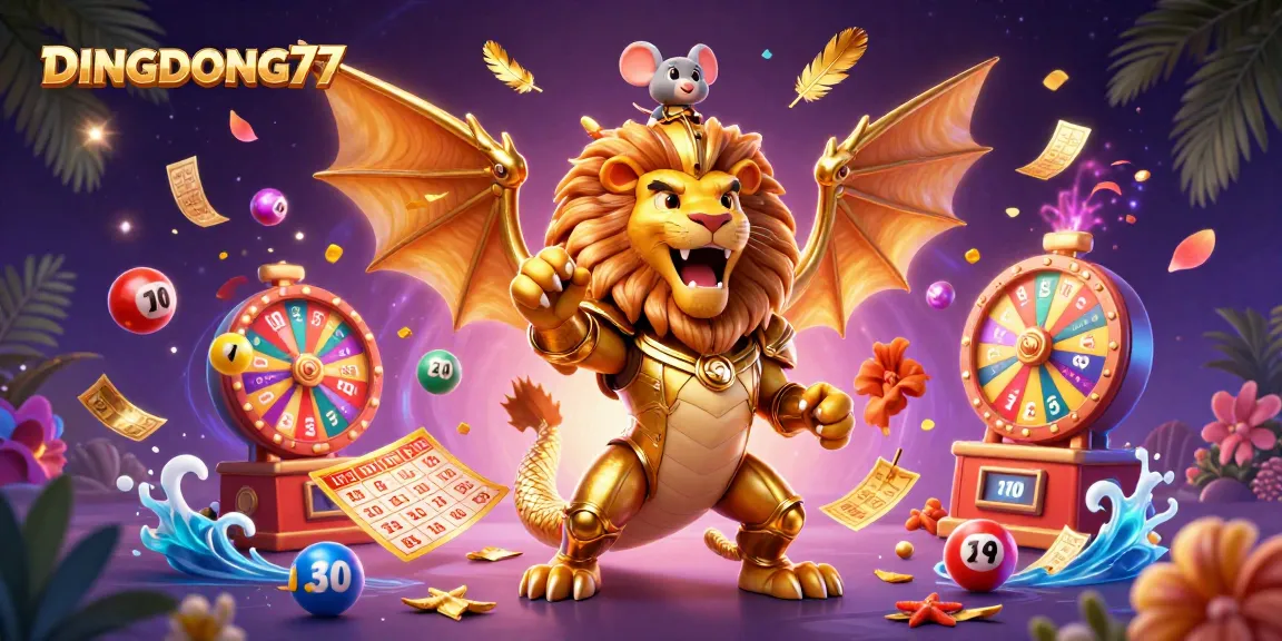 DINGDONG77 captures the energetic spirit of lotteries with a roaring chimera, colorful bouncing balls, and festive game elements.