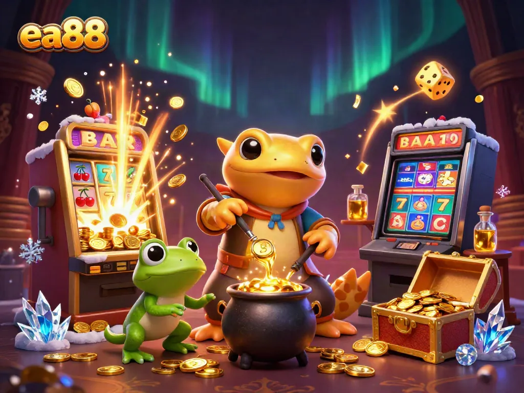 Mô tả hình ảnh 3D về ea88 với một trò chơi sòng bạc đầy màu sắc, bao gồm một con salamander alchemist và các yếu tố may mắn như máy đánh bạc và vàng.