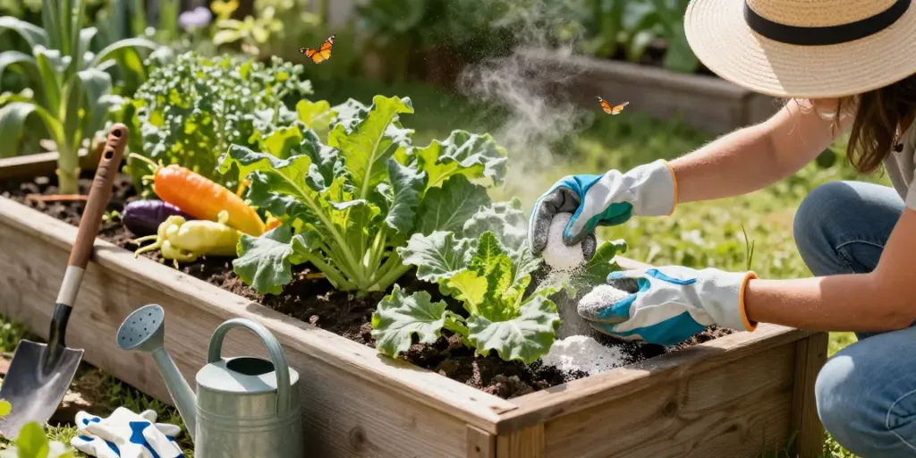 پودر خاک دیاتومه در باغ خانگی برای کنترل آفات و حفاظت از محصولات.