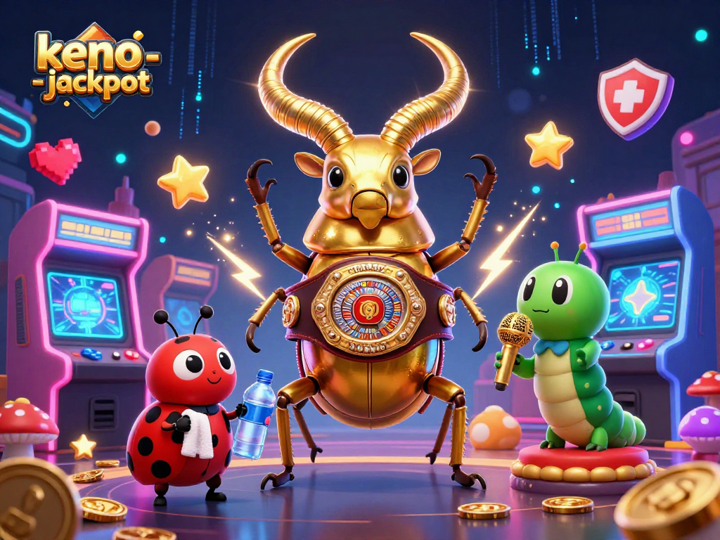 Keno-jackpot vibrant scene with a giant golden beetle, ladybug, caterpillar, and arcade elements