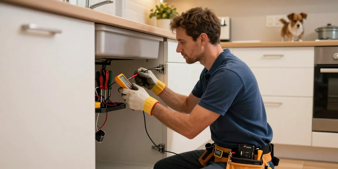 Cannock emergency electrician inspecting wiring under a modern kitchen sink, showcasing expertise and home comfort.